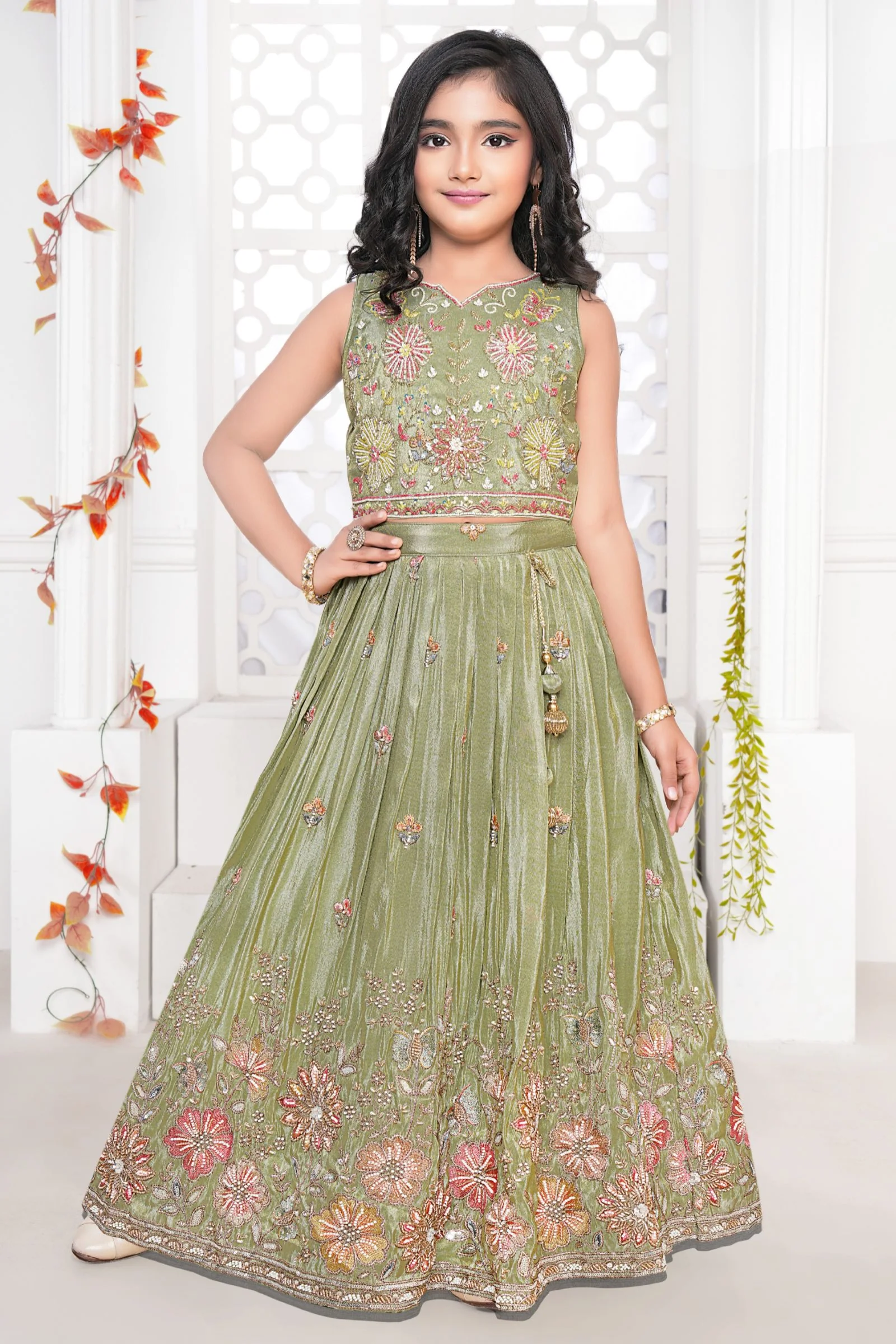 Green Beads, Sequins and Multicolor Thread work Lehenga Choli